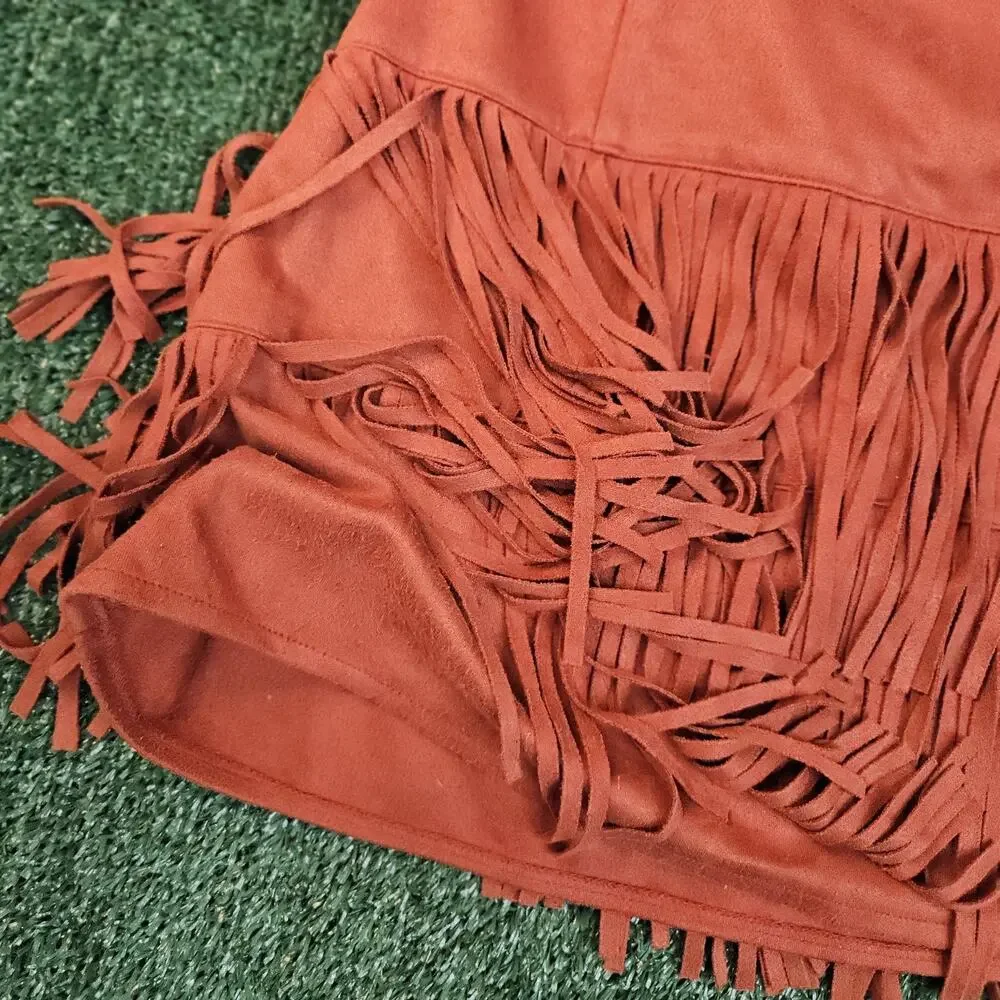 FLYING TOMATO Womens M Red Faux Suede Fringe Skirt Side Zip Western Bohemian